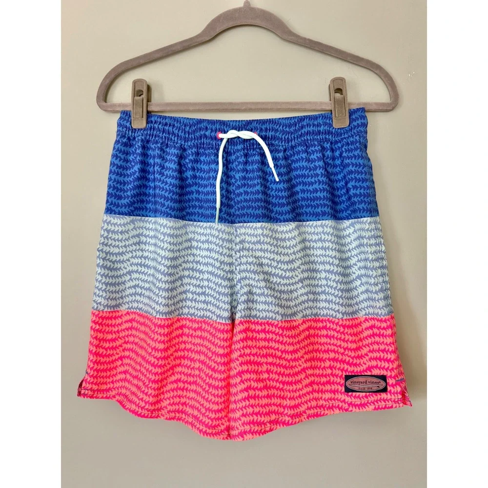 Vineyard Vines Boys' Printed Chappy Swim Trunks Bathing Suit Blue Pink M/12-14